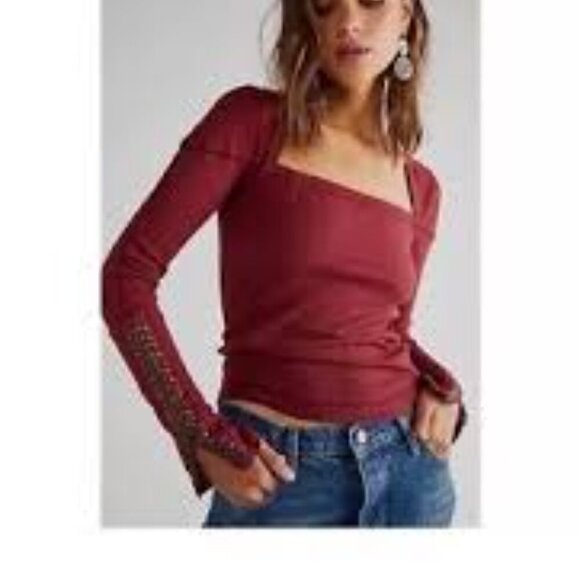 Free People Thermal Studded Grommet Sleeves Long Sleeve Top Red Jasper Size XS - Picture 2 of 10